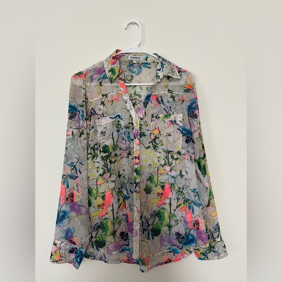 Express Tops - Express The Portofino Shirt Colorful Floral Sheer Blouse